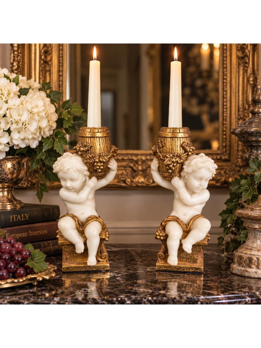 Vintage Crosa Cherub Putti Angel Taper Candle Holders Pair 8" Gold Gilt Vintage
